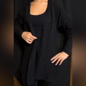 Women’s long black ribbed cardigan. Dark academia.
